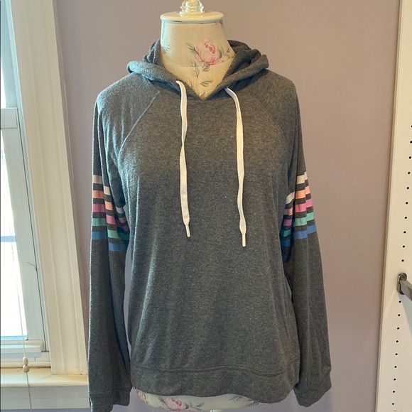 PJ Salvage Charcoal Hoodie with Vibrant Striped Sleeves - Picture 1 of 10